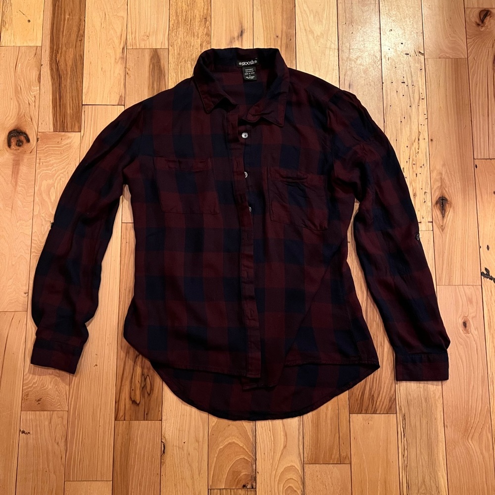 Burgundy and Black Plaid Long Sleeve Button Up